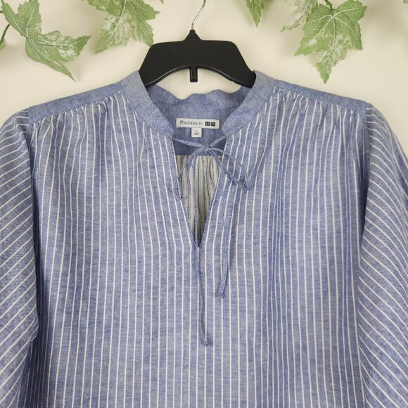 JW Anderson Uniqlo Sz L Linen Blend Boho Blue White Striped Tie Neck Top Blouse - Picture 2 of 7